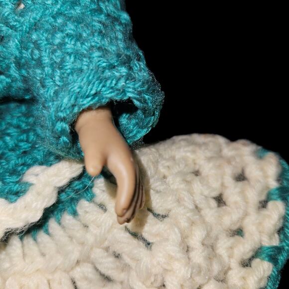 Wang’s International 1991 Porcelain Doll in Handmade Green & Cream Crochet Dress - Picture 3 of 8